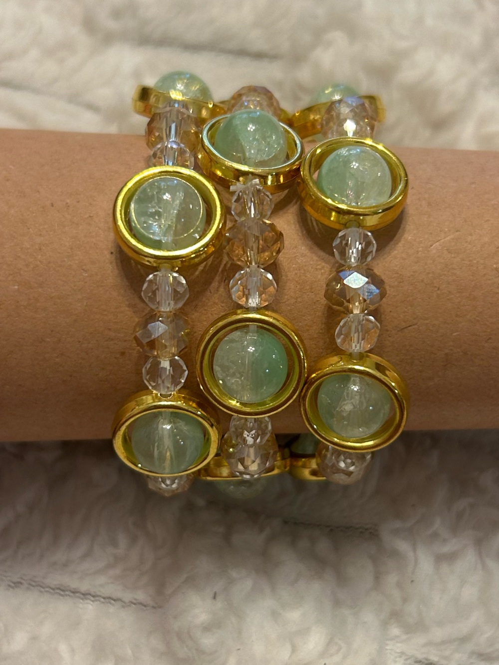 Set of 3 Stretch Beaded Bracelets | Mint Green & Crystal | Gold Tone Stretch
